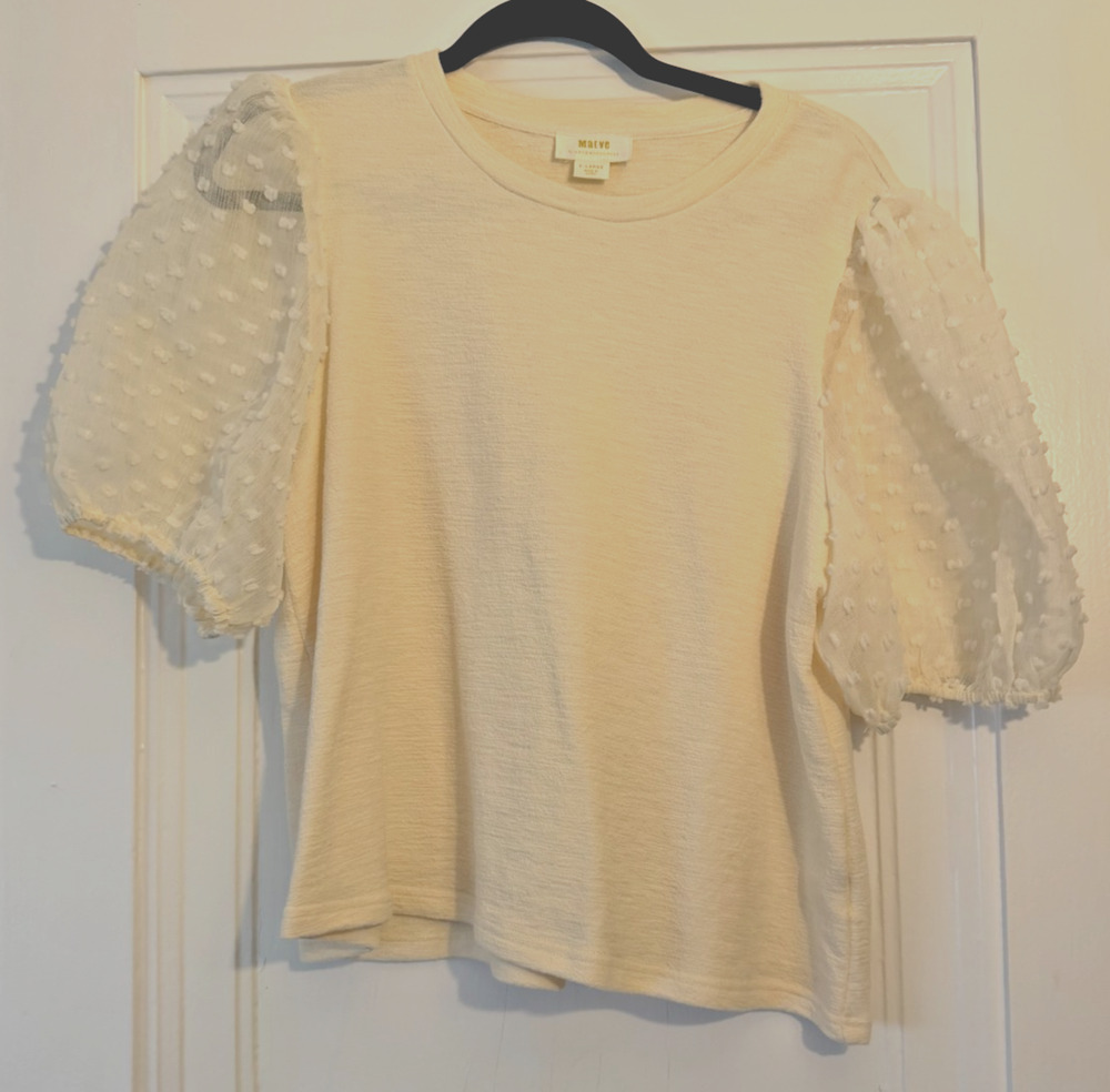 Maeve by Anthropologie Women’s Ivory Sheer Crewneck w/ Swiss Dot Puff Sleeve XL